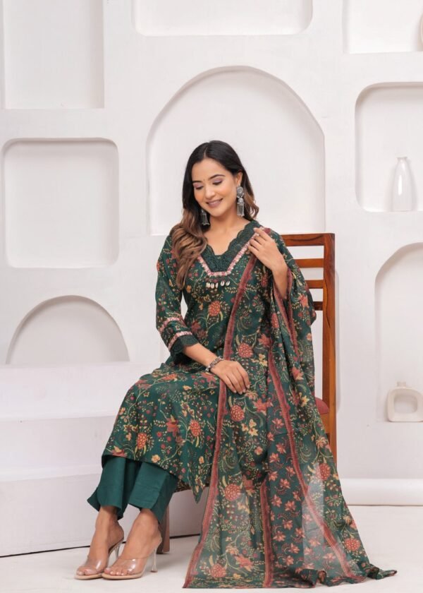 Cotton Floral Digital Printed Suit Set in Forest Green  