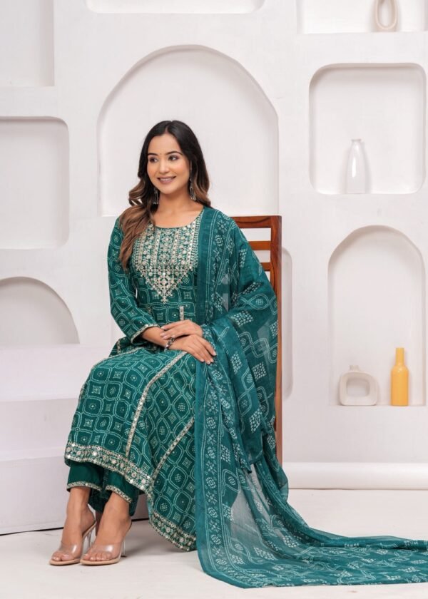 Rhyon Bandhej Pine Green 3 Piece Suit Set in Lace  