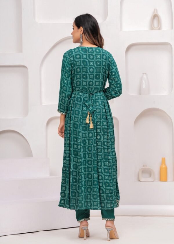 Rhyon Bandhej Pine Green 3 Piece Suit Set in Lace  