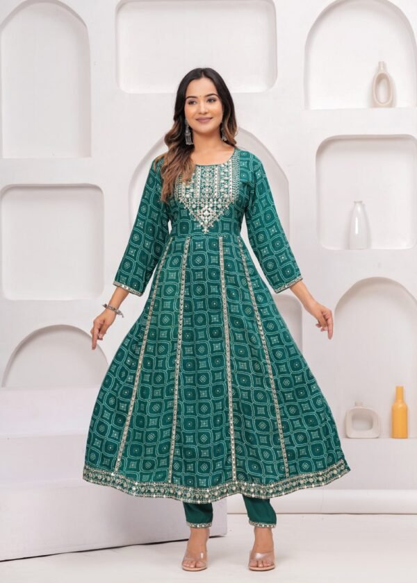 Rhyon Bandhej Pine Green 3 Piece Suit Set in Lace  