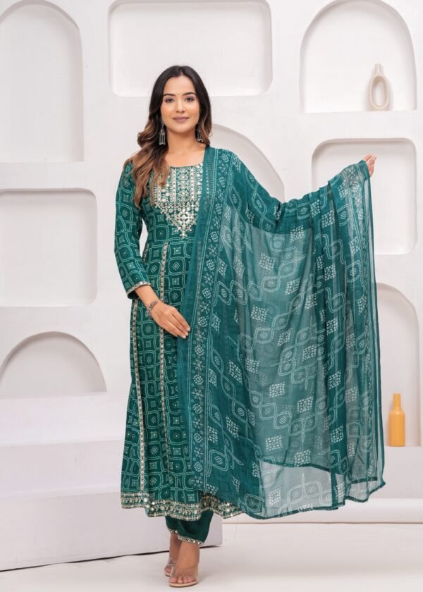 Rhyon Bandhej Pine Green 3 Piece Suit Set in Lace  