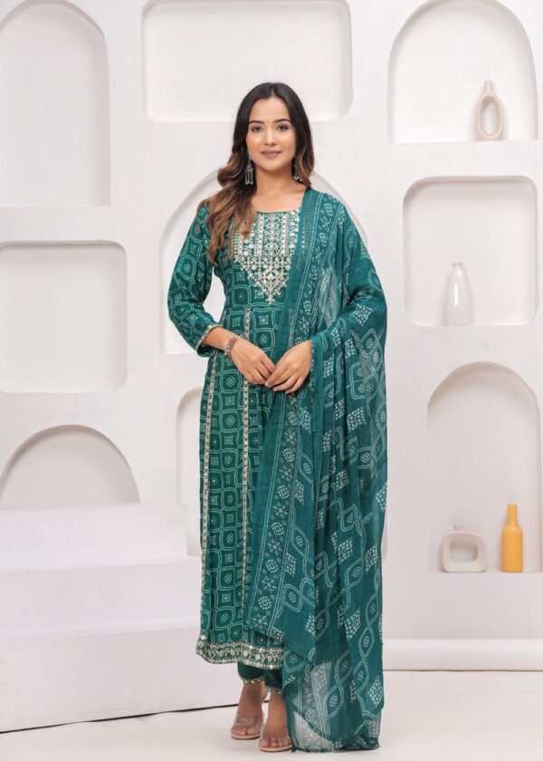 Rhyon Bandhej Pine Green 3 Piece Suit Set in Lace  