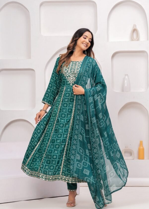 Rhyon Bandhej Pine Green 3 Piece Suit Set in Lace  