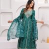 Rhyon Bandhej Pine Green 3 Piece Suit Set in Lace  