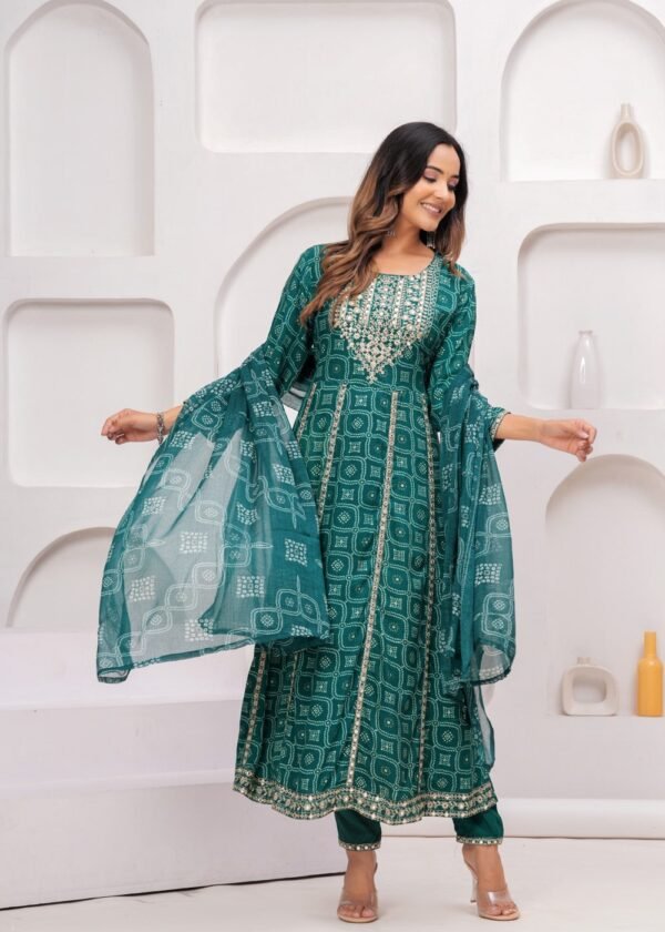 Rhyon Bandhej Pine Green 3 Piece Suit Set in Lace  