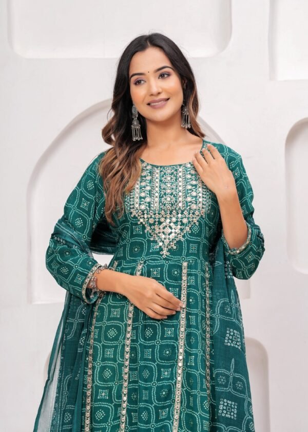 Rhyon Bandhej Pine Green 3 Piece Suit Set in Lace  