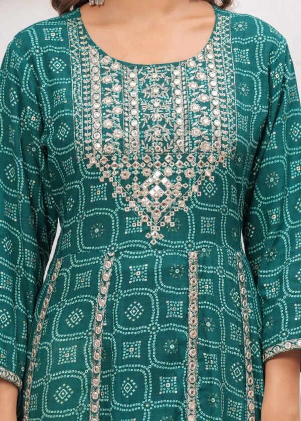 Rhyon Bandhej Pine Green 3 Piece Suit Set in Lace  