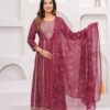 Rhyon Bandhej Glossy Maroon 3 Piece Suit Set in Lace  