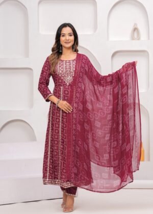 Rhyon Bandhej Glossy Maroon 3 Piece Suit Set in Lace