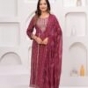 Rhyon Bandhej Glossy Maroon 3 Piece Suit Set in Lace  