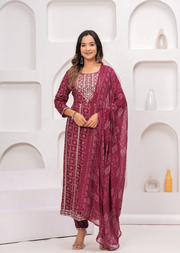 Rhyon Bandhej Glossy Maroon 3 Piece Suit Set in Lace  