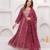 Rhyon Bandhej Glossy Maroon 3 Piece Suit Set in Lace  