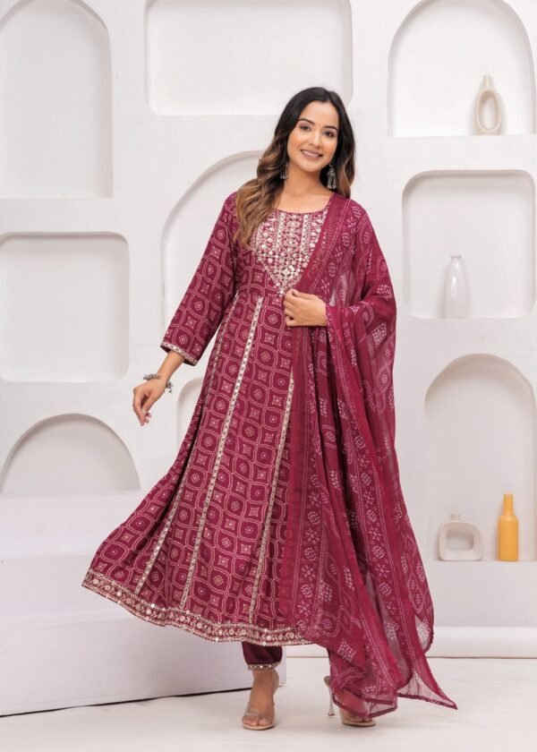 Rhyon Bandhej Glossy Maroon 3 Piece Suit Set in Lace  