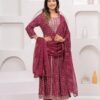 Rhyon Bandhej Glossy Maroon 3 Piece Suit Set in Lace  