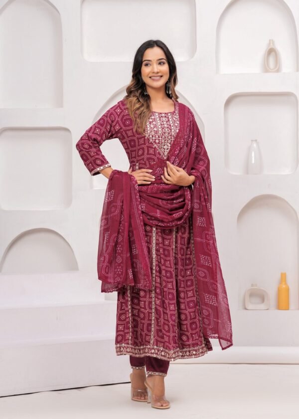 Rhyon Bandhej Glossy Maroon 3 Piece Suit Set in Lace  