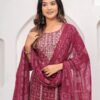 Rhyon Bandhej Glossy Maroon 3 Piece Suit Set in Lace  