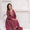 Rhyon Bandhej Glossy Maroon 3 Piece Suit Set in Lace  