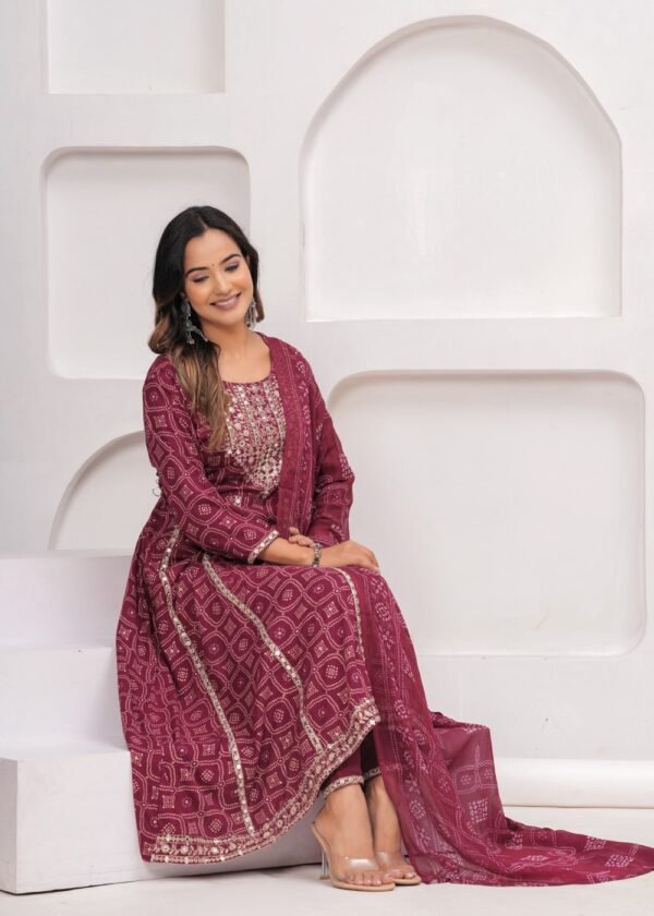 Rhyon Bandhej Glossy Maroon 3 Piece Suit Set in Lace  