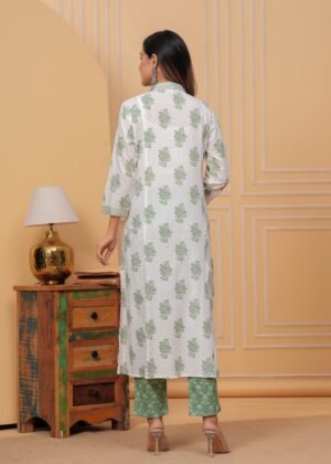 Cotton White And Coco Green 3 Piece Suit Set in Floral Print.
