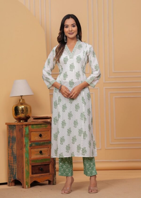 Cotton  White And Coco Green 3 Piece Suit Set in Floral Print.  