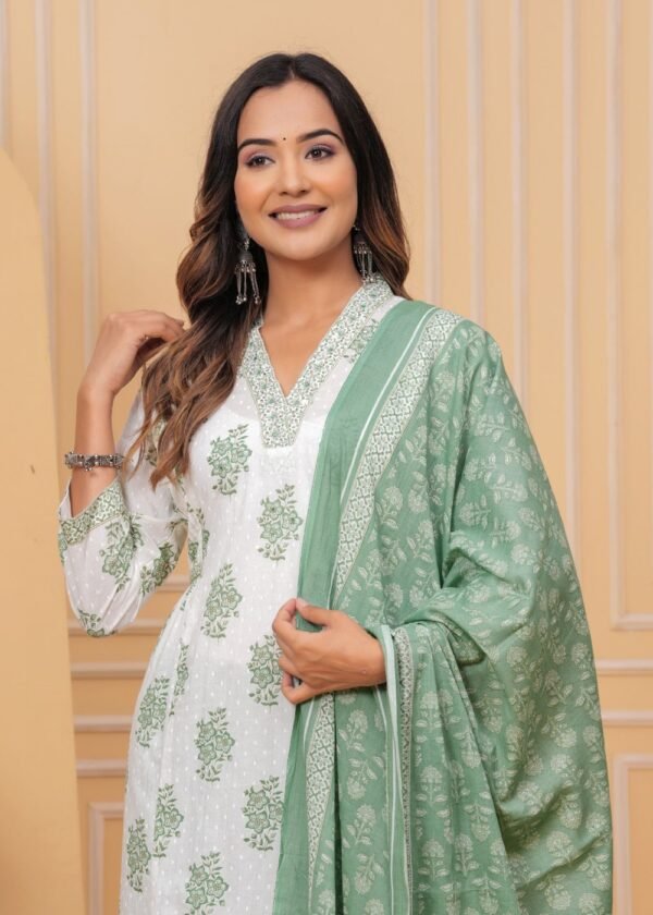 Cotton  White And Coco Green 3 Piece Suit Set in Floral Print.  