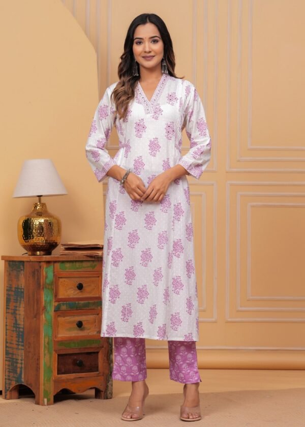 Cotton White And Helio Purple 3 Piece Suit Set in Floral Print  