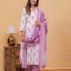 Cotton White And Helio Purple 3 Piece Suit Set in Floral Print  