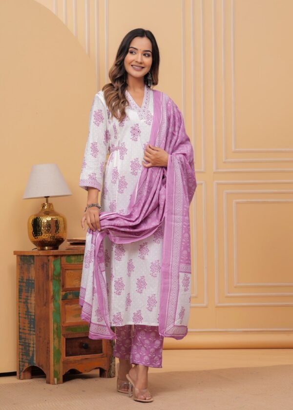 Cotton White And Helio Purple 3 Piece Suit Set in Floral Print  