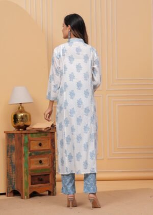 Cotton White And Ice Blue 3 Piece Suit Set in Floral Print