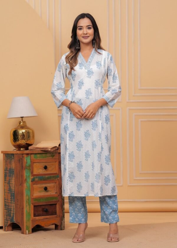 Cotton  White And Ice Blue 3 Piece Suit Set in Floral Print  