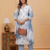 Cotton  White And Ice Blue 3 Piece Suit Set in Floral Print  