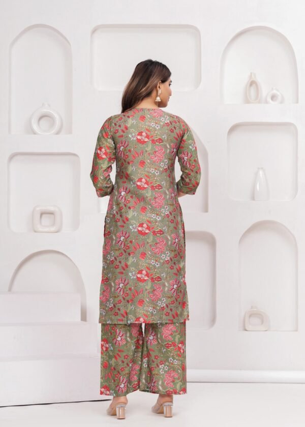 Moss Green Floral Printed 3 Piece Suit Set in Poly Rayon Fabric  