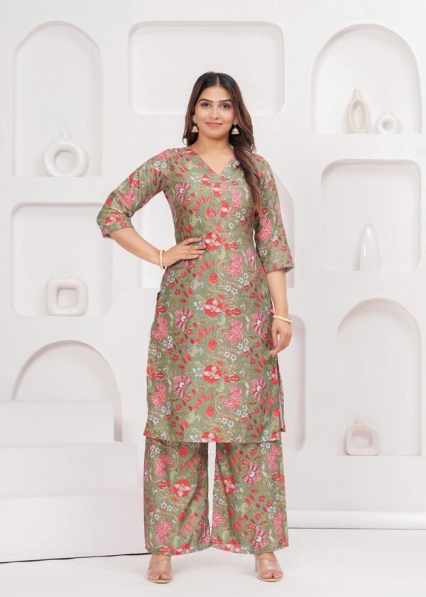 Moss Green Floral Printed 3 Piece Suit Set in Poly Rayon Fabric  