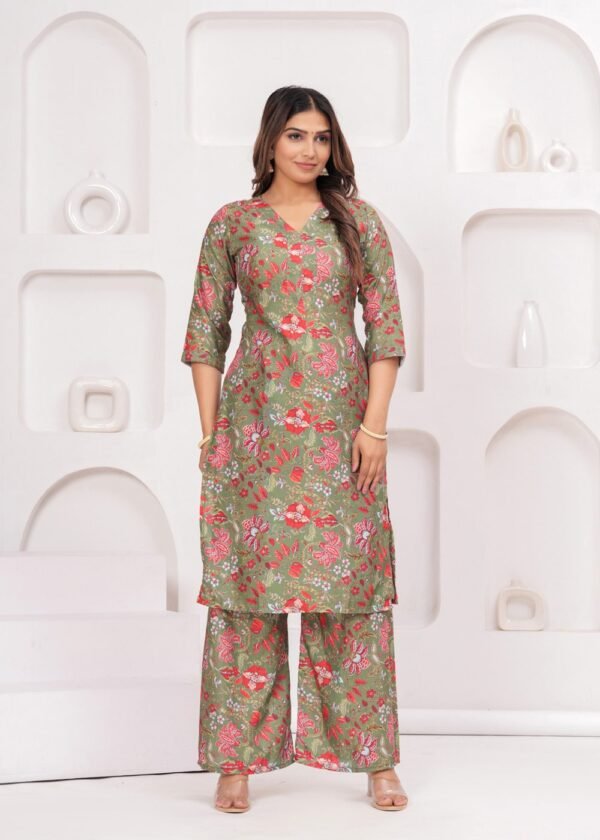 Moss Green Floral Printed 3 Piece Suit Set in Poly Rayon Fabric  