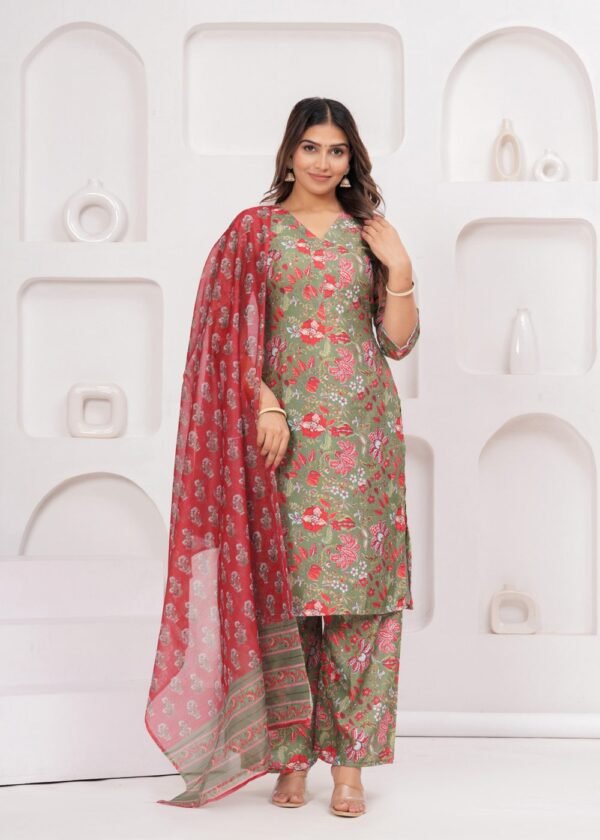 Moss Green Floral Printed 3 Piece Suit Set in Poly Rayon Fabric  