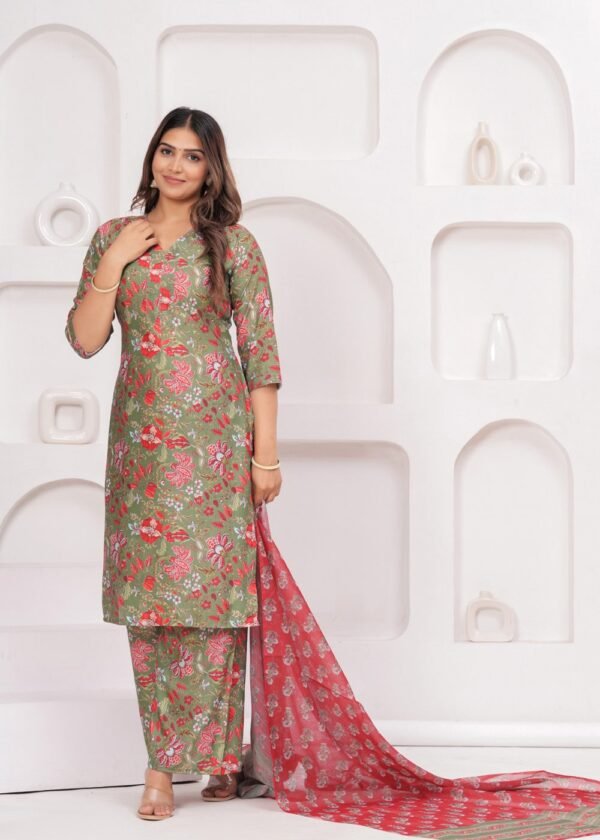 Moss Green Floral Printed 3 Piece Suit Set in Poly Rayon Fabric  