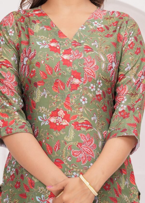 Moss Green Floral Printed 3 Piece Suit Set in Poly Rayon Fabric  