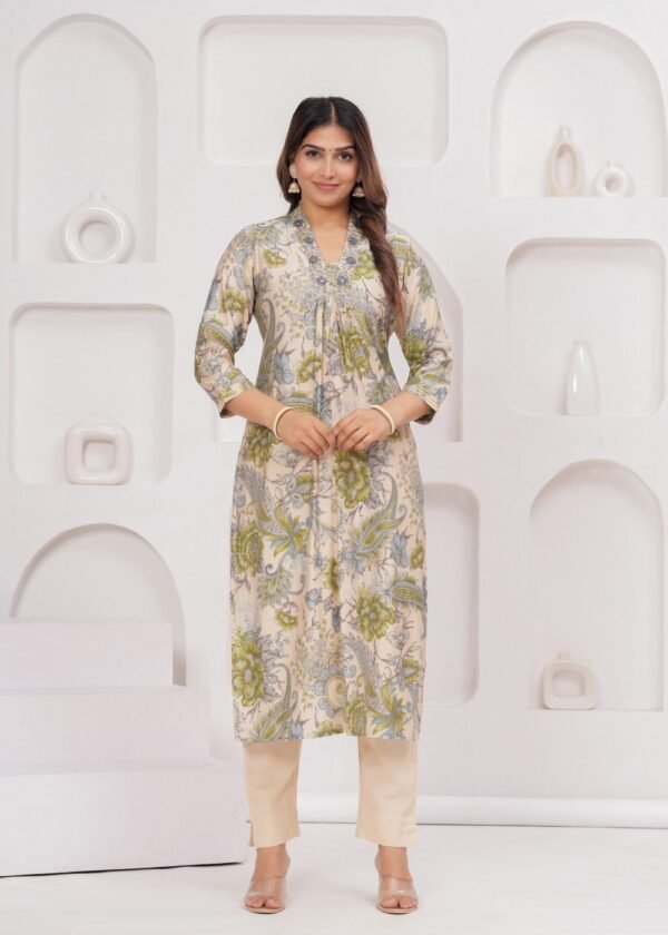 Muslin Olive Green 2 Pcs Kurta Set  