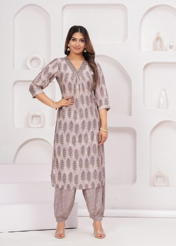 Smokey Purple Printed 3 Piece Suit Set in Muslin Fabric  