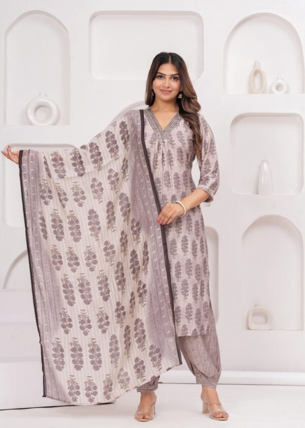 Smokey Purple Printed 3 Piece Suit Set in Muslin Fabric  