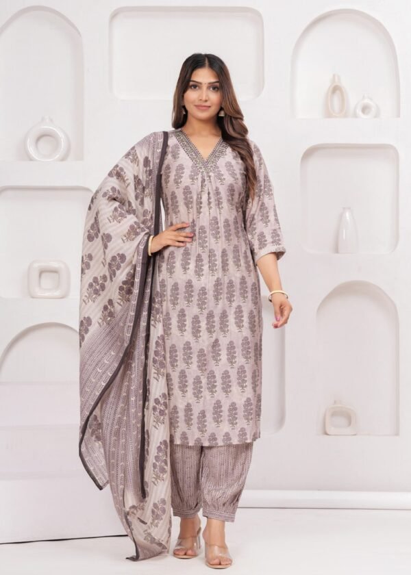 Smokey Purple Printed 3 Piece Suit Set in Muslin Fabric  