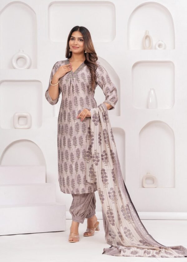 Smokey Purple Printed 3 Piece Suit Set in Muslin Fabric  