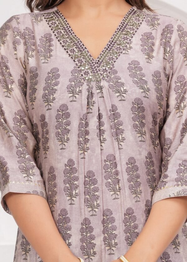 Smokey Purple Printed 3 Piece Suit Set in Muslin Fabric  