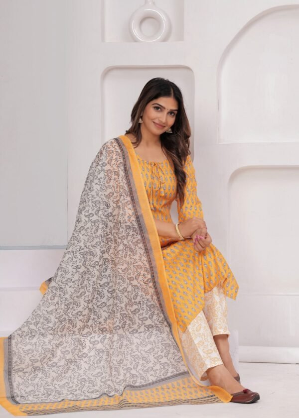 Quora Yellow 3 Piece Suit Set in Rayon Fabric  