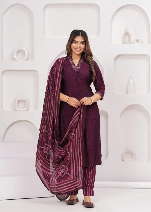 Muslin Wine Maroon 3 Piece  Women's Suit Set  