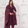 Muslin Wine Maroon 3 Piece  Women's Suit Set  