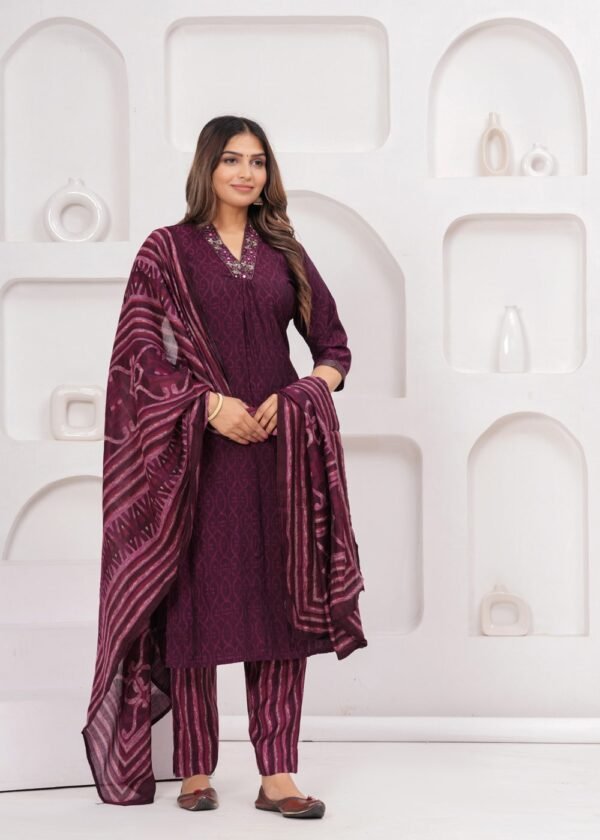 Muslin Wine Maroon 3 Piece  Women's Suit Set  