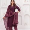 Muslin Wine Maroon 3 Piece  Women's Suit Set  