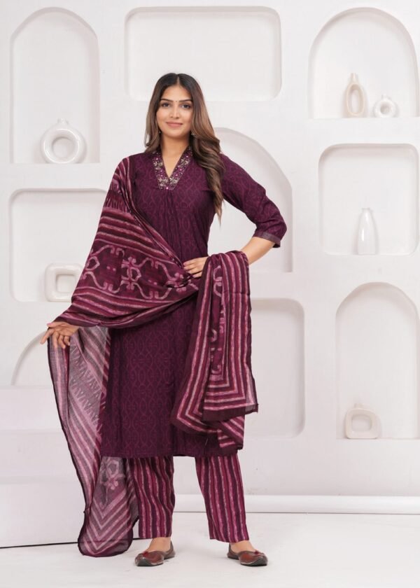 Muslin Wine Maroon 3 Piece  Women's Suit Set  