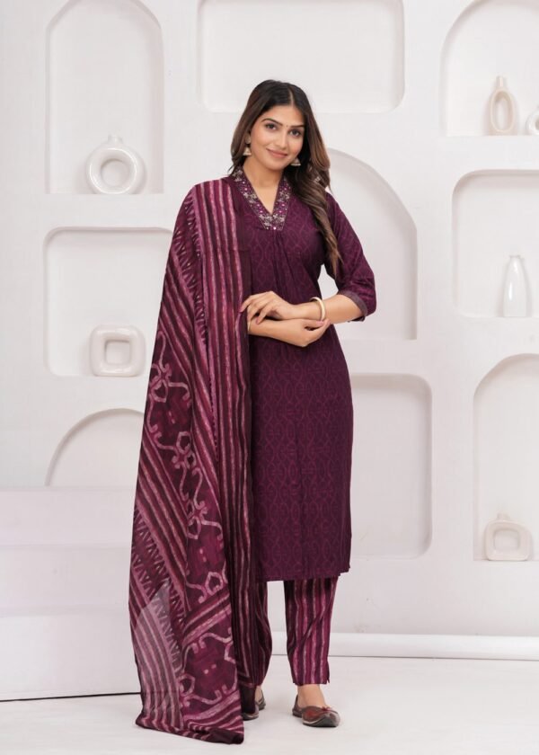 Muslin Wine Maroon 3 Piece  Women's Suit Set  